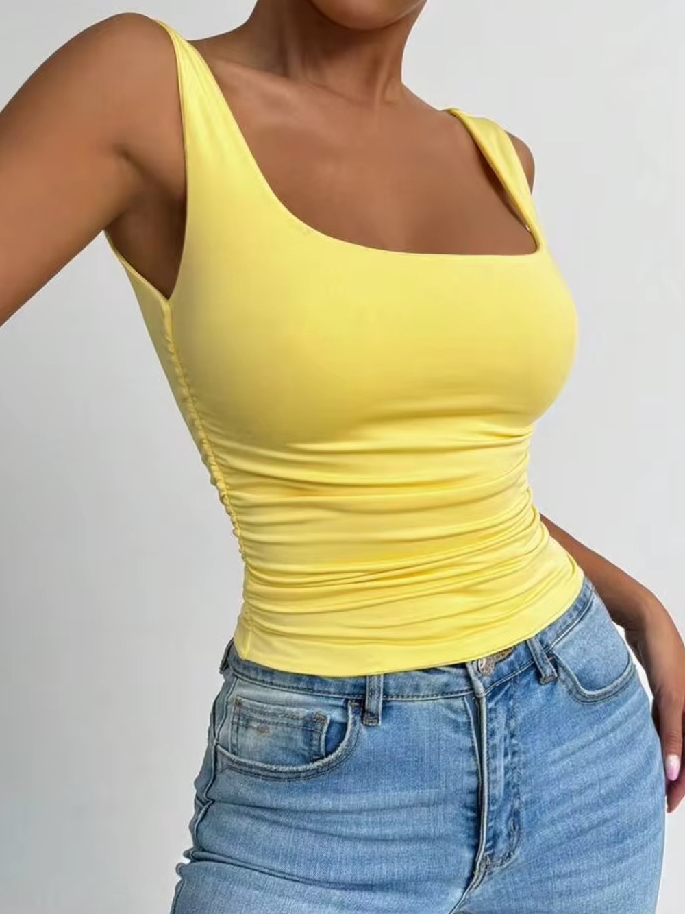 SHEIN Yellow Square Neck Ruched Tank